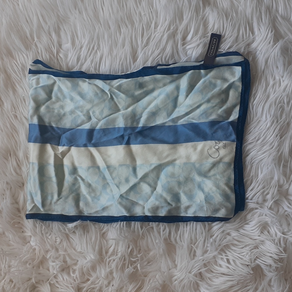 Coach Blue & White Logo Print Silk Scarf